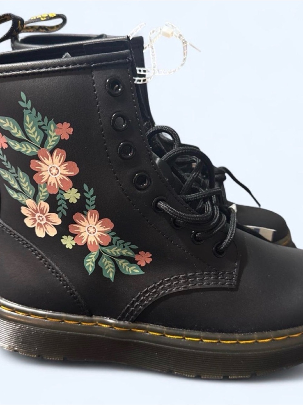 NWT Dr. Martens Black Lace-Up Ankle Boots with Pink Floral Embroidery US 6